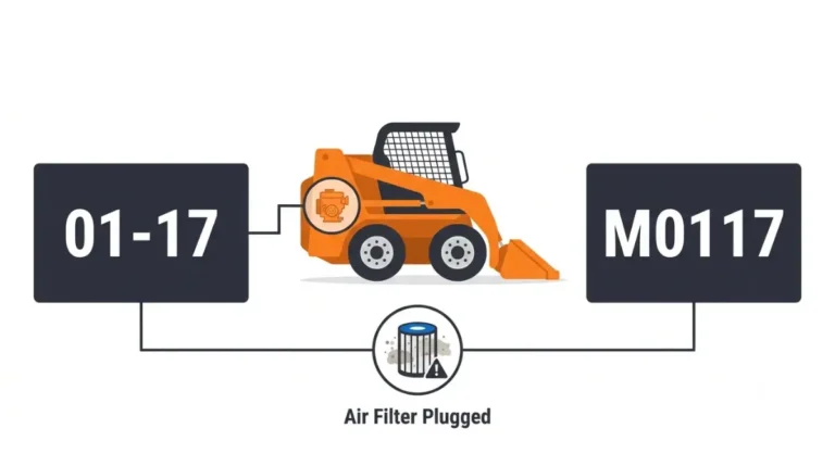 Bobcat fault codes 01-17 and M0117 compared in a vector infographic showing that M0117 means air filter plugged