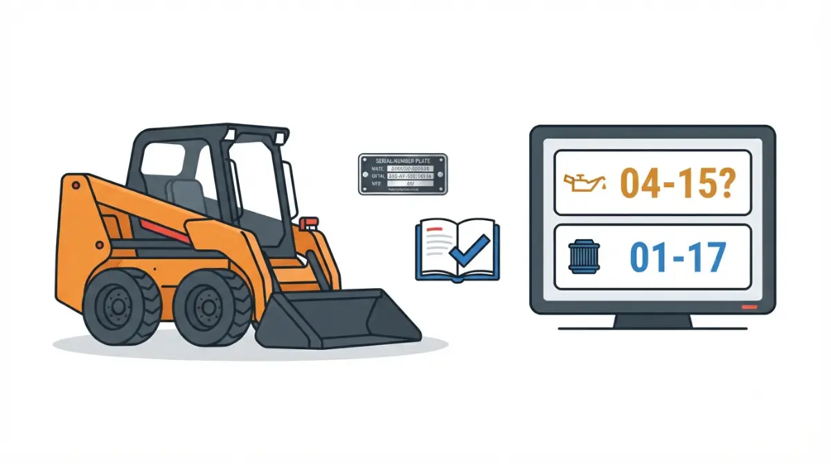 Vector illustration of a compact loader showing Bobcat 04-15 and 01-17 fault codes with a serial-number plate and service manual for verification