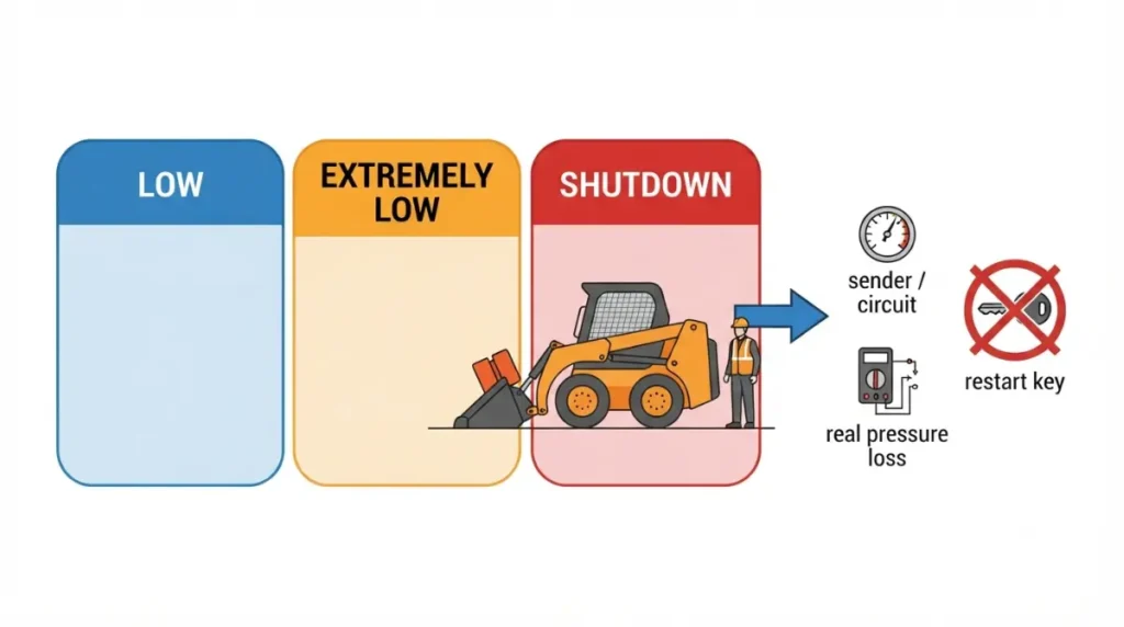 Safety workflow for a Bobcat 04-15 shutdown-level oil-pressure code showing no restart, mechanical gauge testing, and sender-circuit inspection