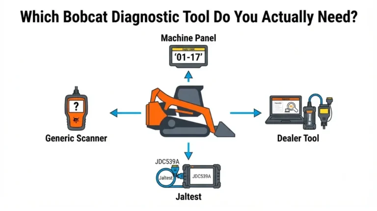 Vector illustration showing four Bobcat Diagnostic Tool routes: machine panel, dealer Service Analyzer, Jaltest cable, and generic scanner