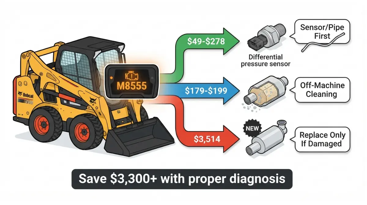 Bobcat DPF M8555 fault code decision tree showing clean versus replace diagnostic path for skid steer loader