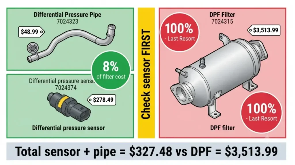 Bobcat DPF differential pressure sensor and pipe versus full filter cost comparison showing 8% diagnostic parts cost