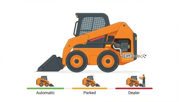 Bobcat DPF Regen Codes: generic compact loader showing the DPF regeneration path from automatic regen to parked regen and dealer service