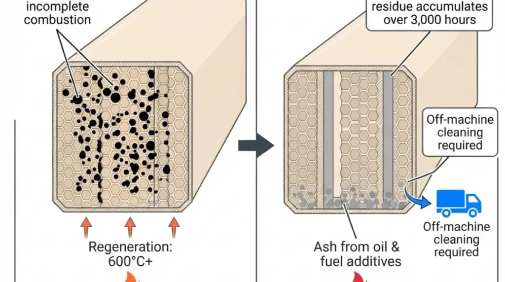 Bobcat DPF soot versus ash comparison showing regeneration burns soot but ash requires off-machine cleaning service