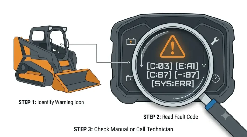 Bobcat diagnostic display illustrating how operators identify and interpret machine fault codes.