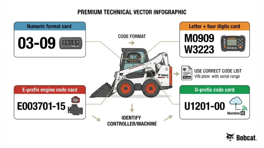 Bobcat Fault code formats including numeric, M-series, E-prefix, and U-prefix diagnostic codes
