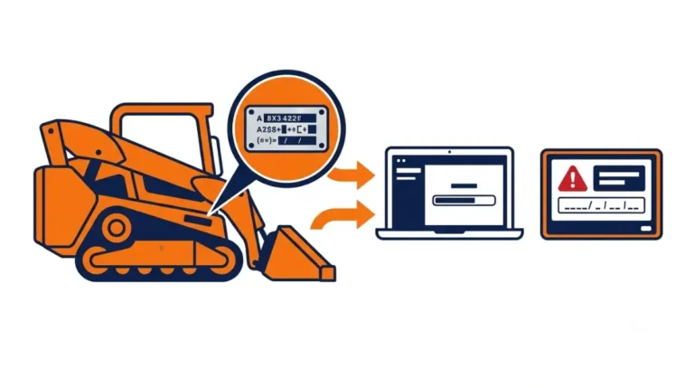 Bobcat fault code and serial number lookup guide showing a machine plate, display warning, and diagnostic search tool on a white background