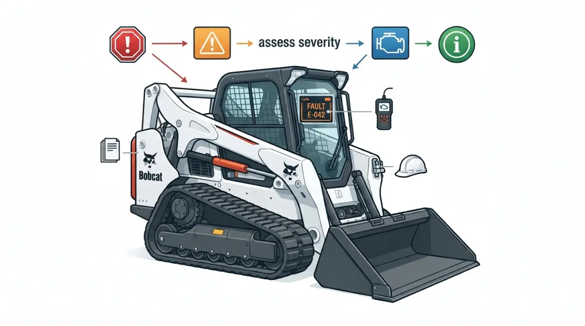 Bobcat Fault code warning on a compact loader with shutdown, caution, diagnostic, and information indicators