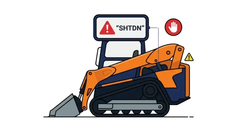 Bobcat fault codes: vector illustration of a compact track loader stopped safely after a shutdown code appears on the display