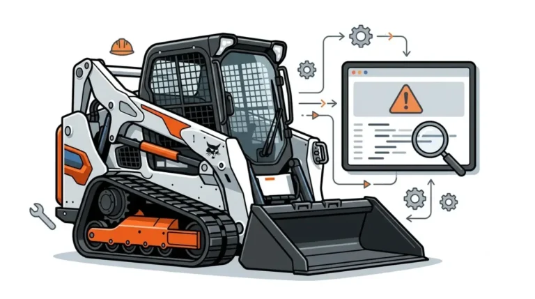 Bobcat skid steer loader with a diagnostic warning display illustrating common fault codes and troubleshooting.