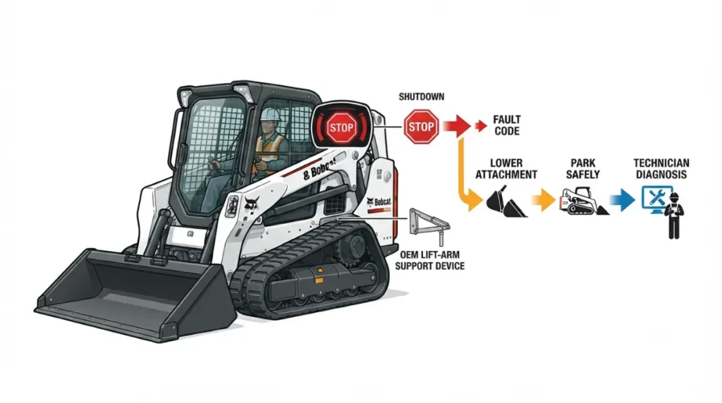 Bobcat Fault shutdown warning showing a lowered attachment, safe parking, and technician diagnosis