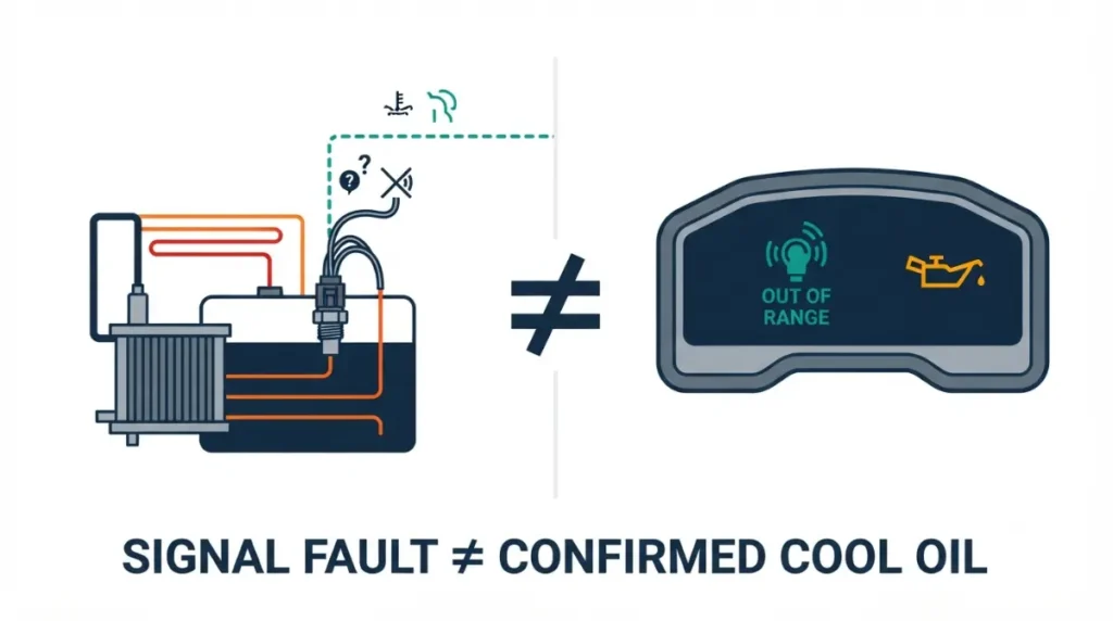 Bobcat Hydraulic M0721 and M0722 sensor fault showing that an out-of-range signal does not confirm cool hydraulic oil
