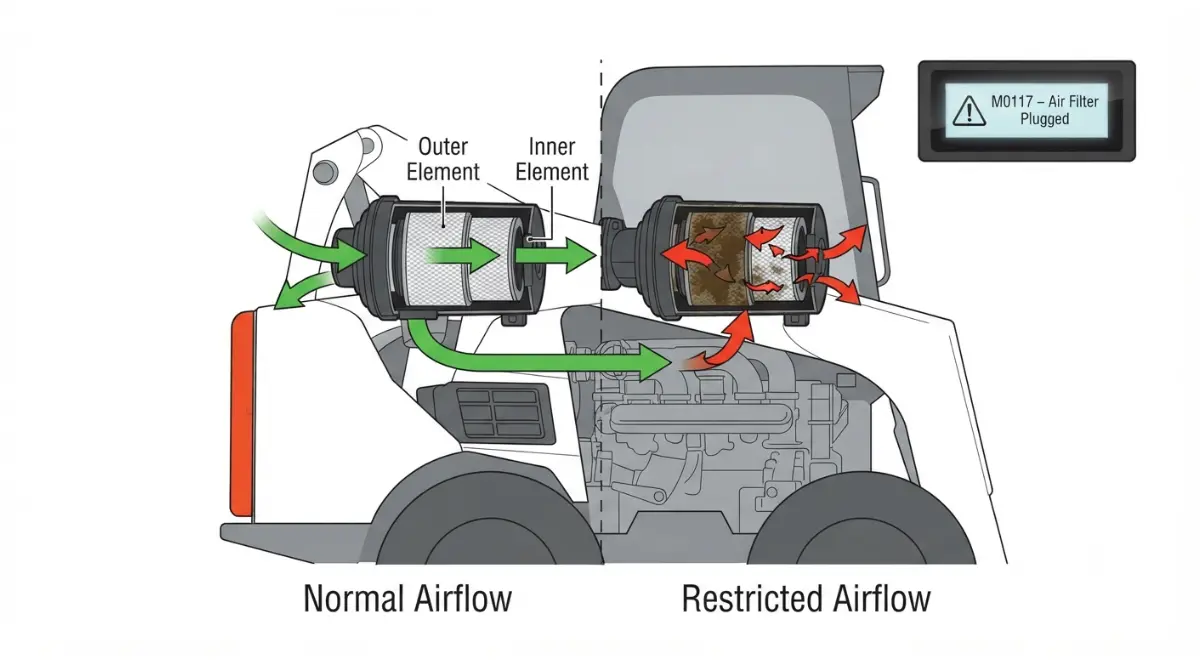 Vector concept illustration of Bobcat M0117 air filter plugged condition showing restricted airflow through engine air filter on M-Series loader.