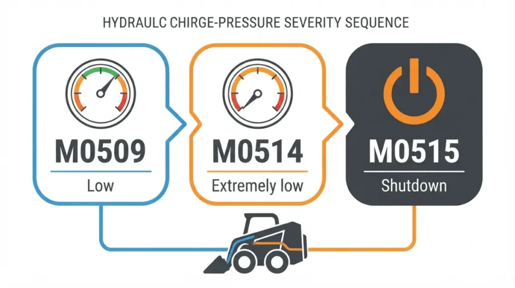 Bobcat M0514 comparison graphic showing M0509 low charge pressure, M0514 extremely low pressure, and M0515 shutdown