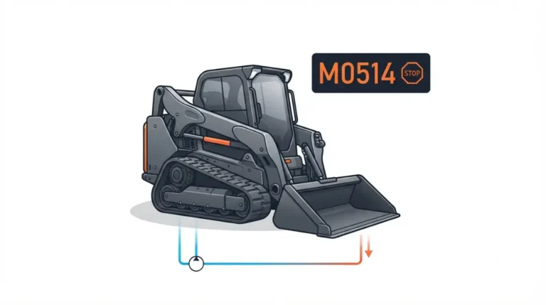 Bobcat M0514 warning shown on a compact loader with lowered bucket and extremely low hydraulic charge pressure