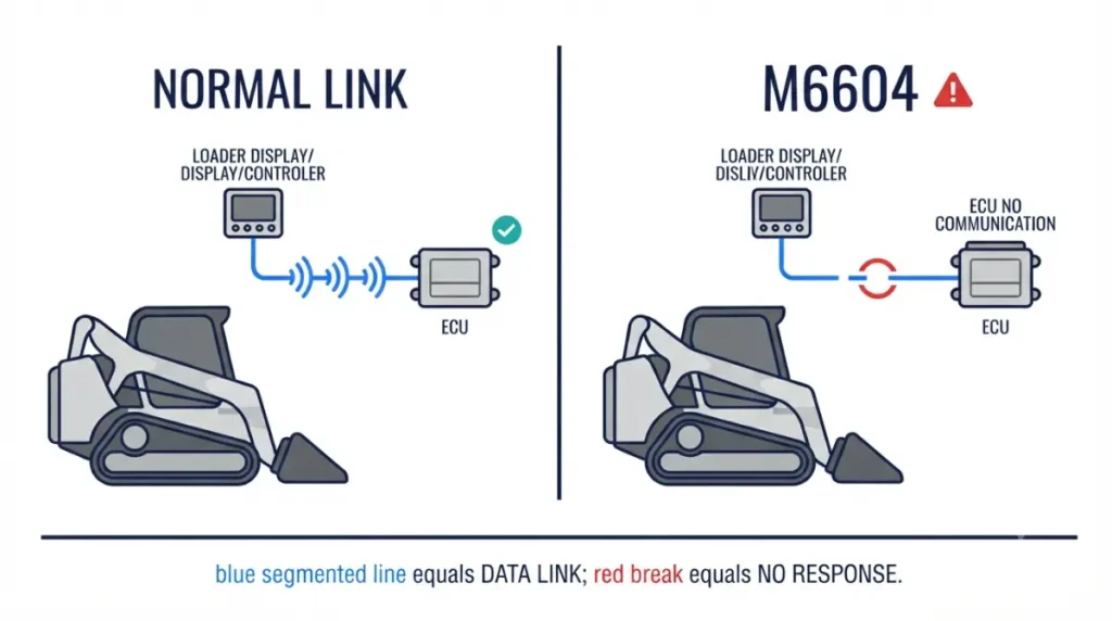 Bobcat M6604 vector diagram comparing a normal ECU data link with an interrupted no communication signal