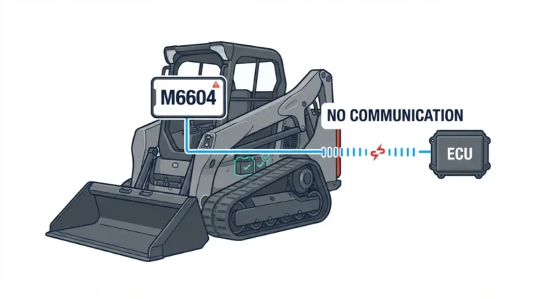 Bobcat M6604 vector illustration showing a compact track loader with a broken communication signal between the machine controller and ECU