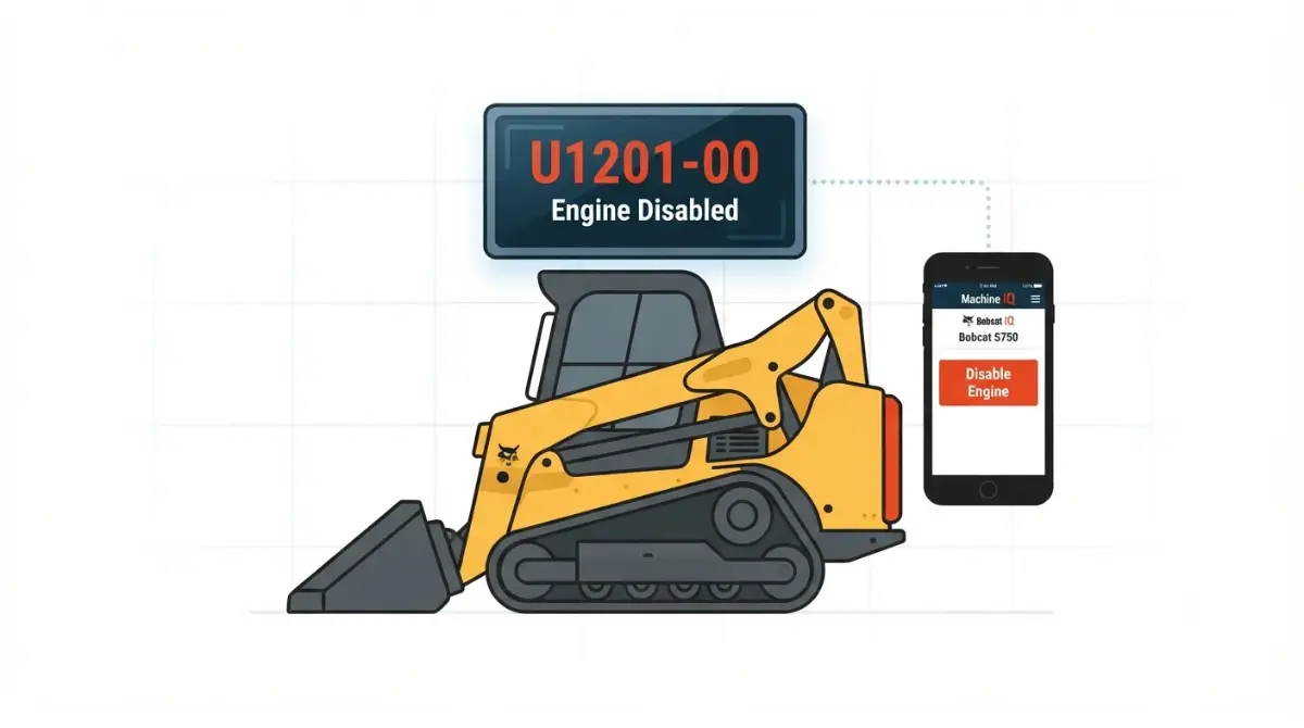 Bobcat U1201-00 Engine Disabled warning on display with Machine IQ remote lockout concept