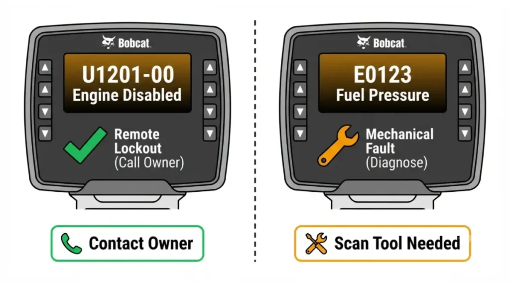 Bobcat U1201-00 lockout code versus mechanical no-start fault comparison diagram
