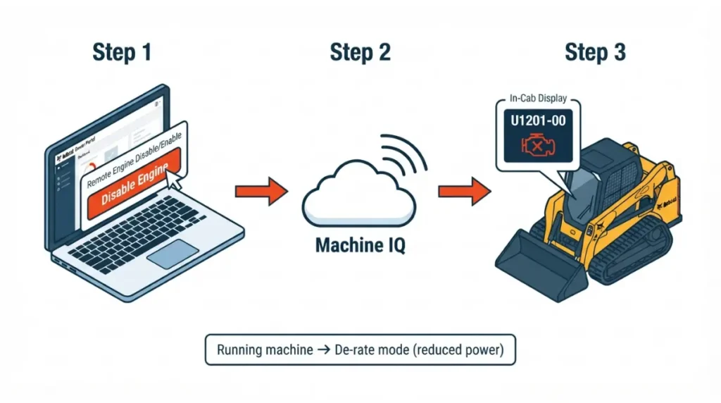 Bobcat U1201-00 Machine IQ remote engine disable step-by-step workflow diagram