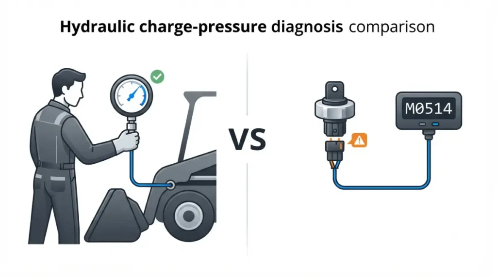 Bobcat M0514 diagnostic vector comparing a mechanical hydraulic pressure gauge with an electronic sensor and wiring signal