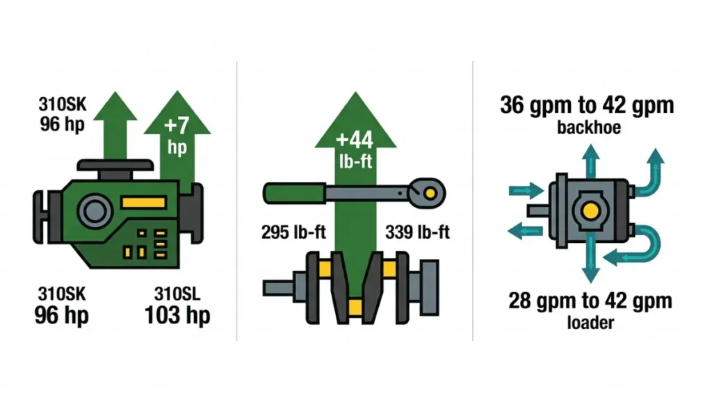 310SL vs 310SK engine torque and hydraulic flow comparison infographic for John Deere backhoe loaders