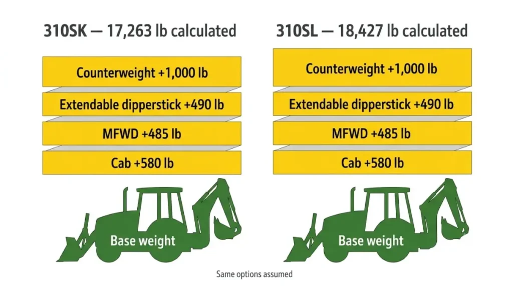 310SL vs 310SK like-for-like operating weight comparison with cab, MFWD, extendable dipperstick and counterweight