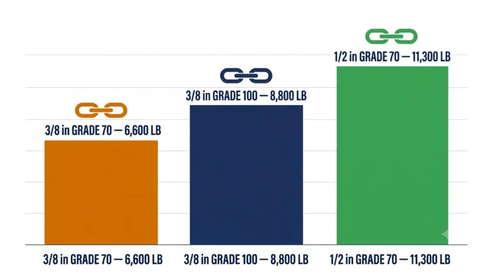 700L Dozer chain WLL comparison chart for 3/8-inch Grade 70, 3/8-inch Grade 100, and 1/2-inch Grade 70 chain