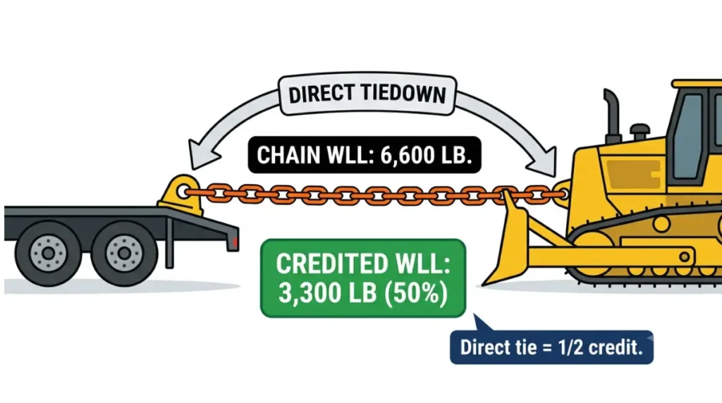 700L Dozer direct tiedown diagram showing a 6,600 lb WLL chain receiving only 3,300 lb of credited WLL