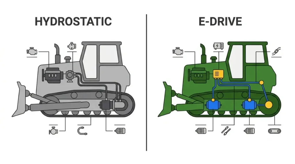 850 X-Tier dual-path electric drive compared with a conventional hydrostatic dozer drivetrain in a clean vector diagram.
