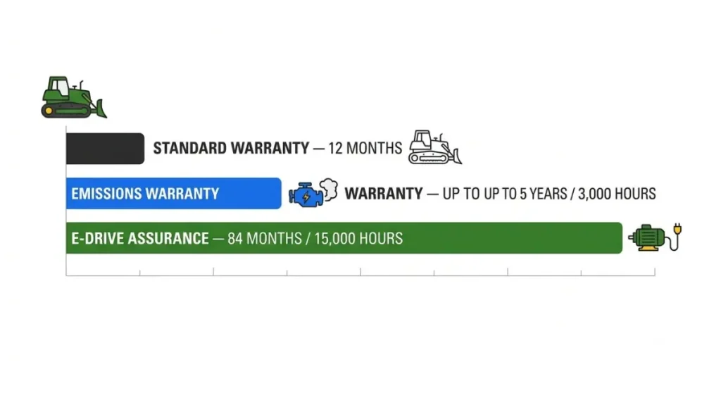 850 X-Tier warranty timeline vector graphic comparing standard warranty, emissions warranty, and E-Drive component assurance.