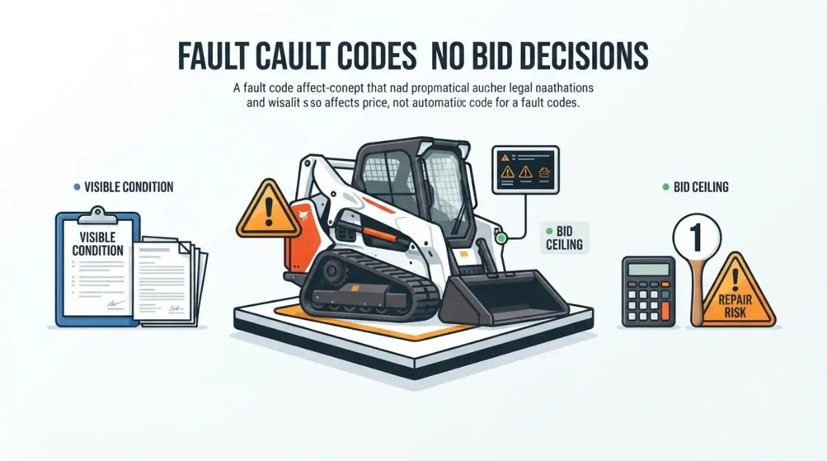 Bobcat Auction Fault Codes: auction loader with warning symbol, calculator, and bid ceiling decision