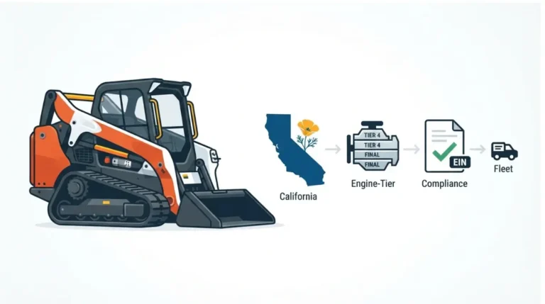 Bobcat CARB Compliance illustration showing a loader, engine tier, California, and fleet reporting document