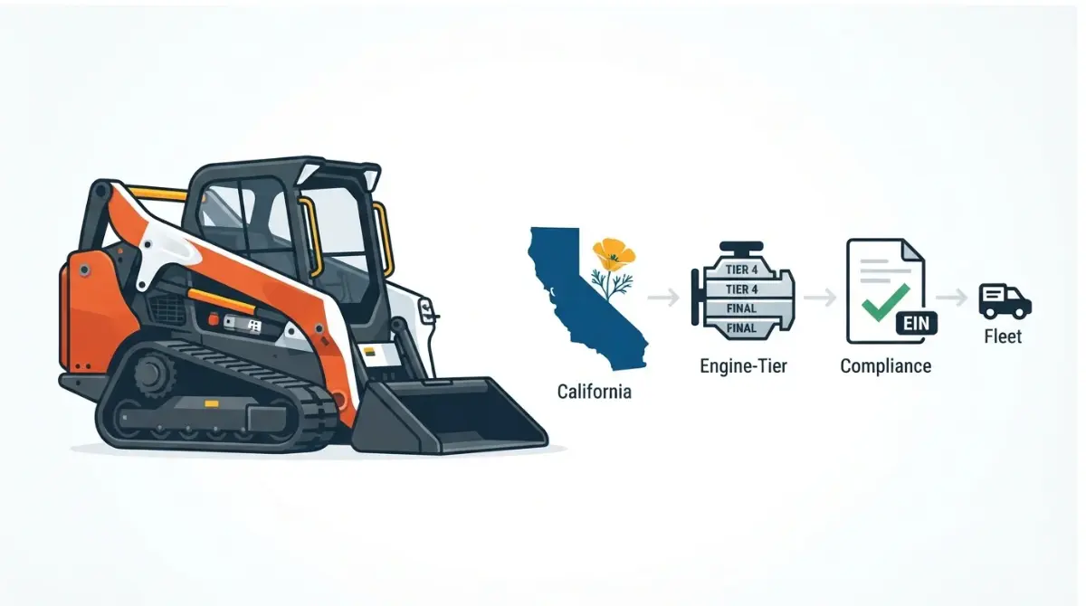 Bobcat CARB Compliance illustration showing a loader, engine tier, California, and fleet reporting document