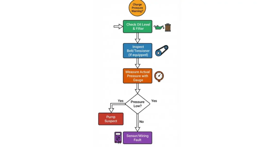 Bobcat Hydraulic charge pressure diagnostic flowchart check sensor then measure pressure vector