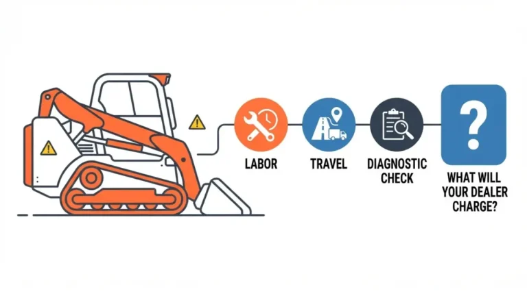 Bobcat Dealer diagnostic visit cost components illustrated with labor, travel, and diagnostic check icons on a white background