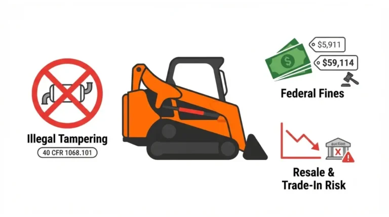 Bobcat DPF Delete – vector illustration of skid steer with illegal tampering, EPA fines, and resale risk icons