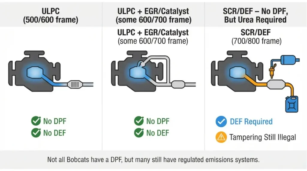 Bobcat DPF Delete – diagram comparing ULPC, non-DPF Tier 4, and DEF/SCR emissions systems on Bobcat loaders