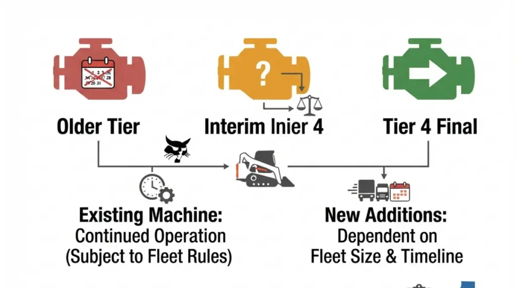 Bobcat CARB Compliance diagram comparing older, Tier 4 Interim, and Tier 4 Final engine options