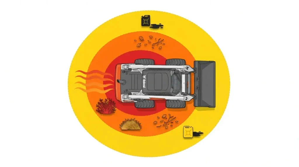 Bobcat Regen exhaust hazard zones near dry grass brush and fuel containers