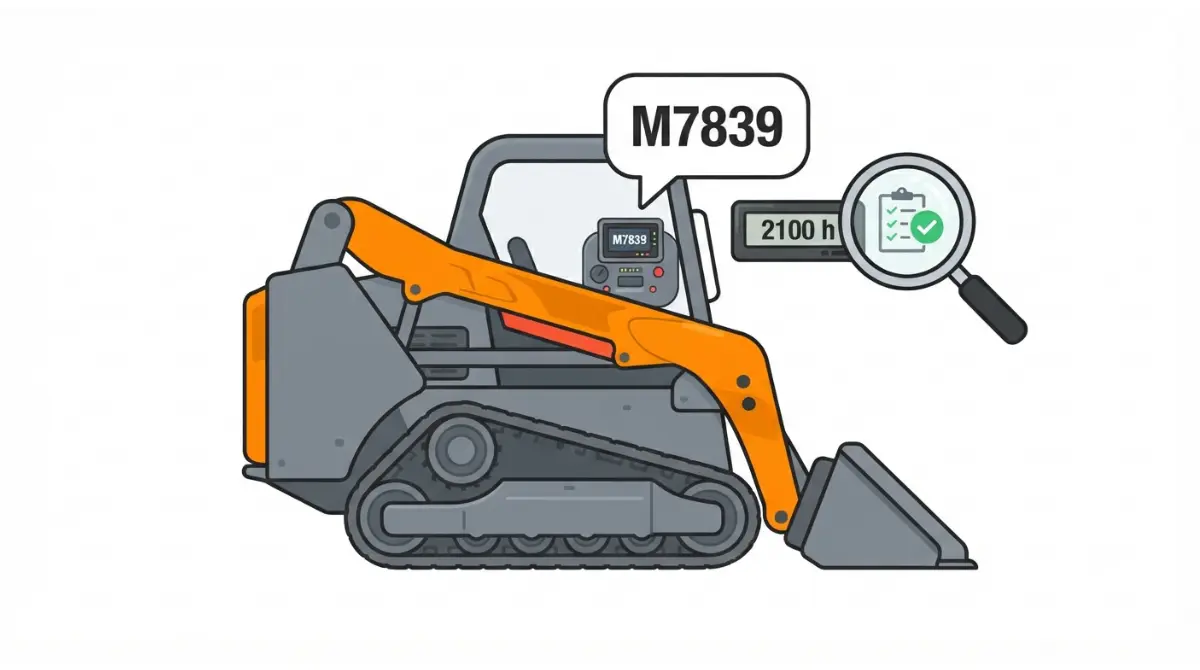 Bobcat M7839 fault code on loader dashboard with hour meter and magnifying glass highlighting verification