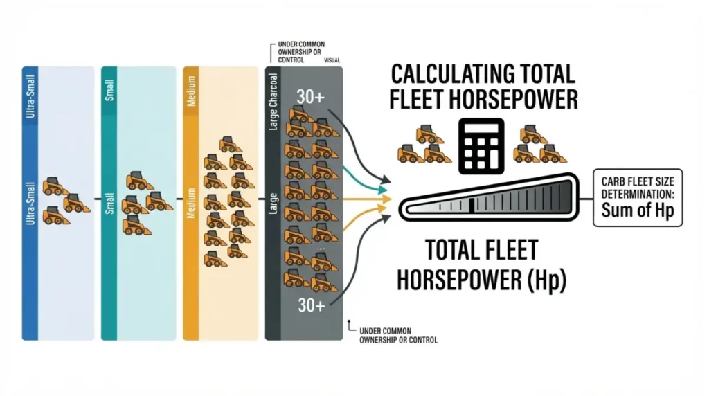 Bobcat CARB Compliance illustration showing fleet size calculated from combined off-road horsepower