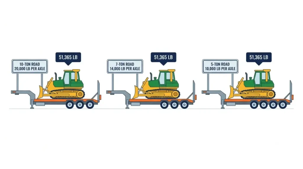 Vector comparison of a 51,365 lb John Deere 850L dozer requiring 3, 4, or 6 loaded trailer axles under 10-ton, 7-ton, and 5-ton frost Laws limits.