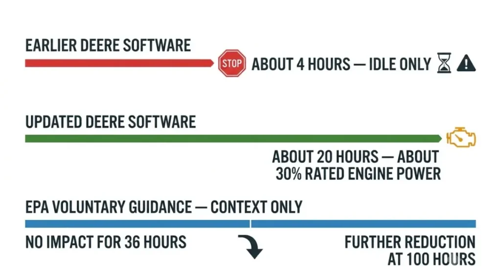 John Deere DEF Fault Derate vector timeline comparing earlier software idle-only restriction, updated software 30% power restriction, and EPA voluntary guidance for nonroad diesel equipment.