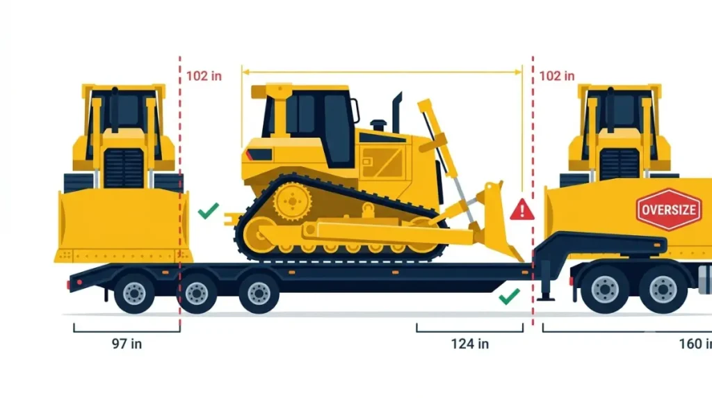 Deere dozer blade widths compared with the 102-inch limit to determine Oversize Permit requirements.