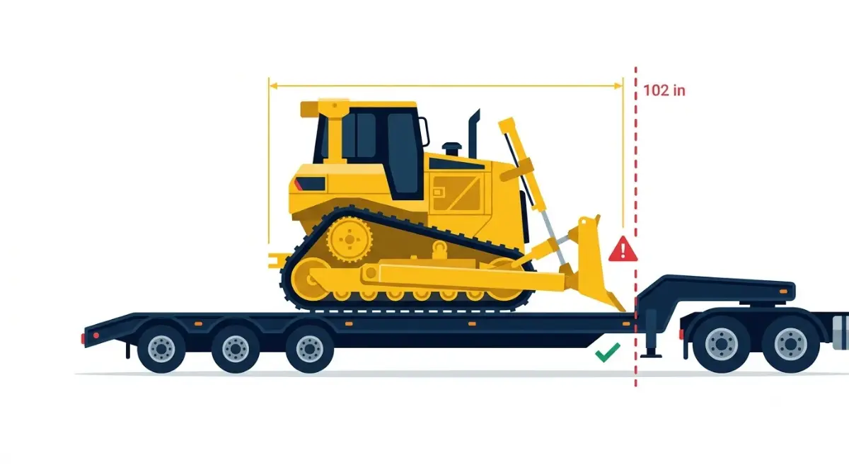 Deere dozer on a lowboy trailer exceeding the 102-inch width limit, showing when an Oversize Permit is required.
