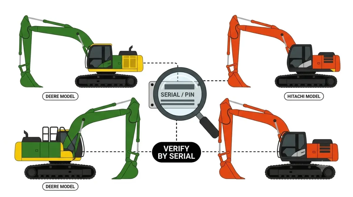 John Deere and Hitachi excavators compared beside a serial number plate, illustrating why cross-referencing requires serial verification rather than model-name matching.