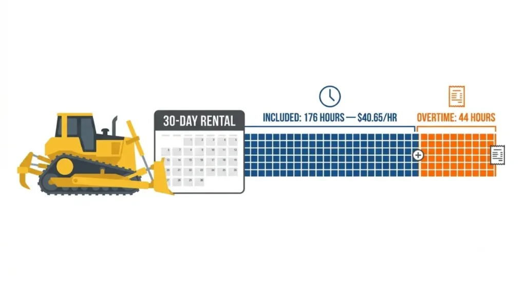 Dozer monthly rental vector chart showing 176 included hours and 44 billed overtime hours