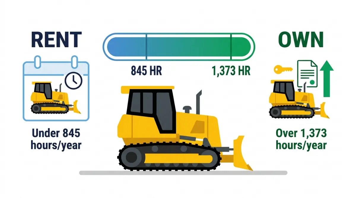 Dozer rent vs buy breakeven infographic showing rental below 845 annual hours and ownership above 1,373 annual hours