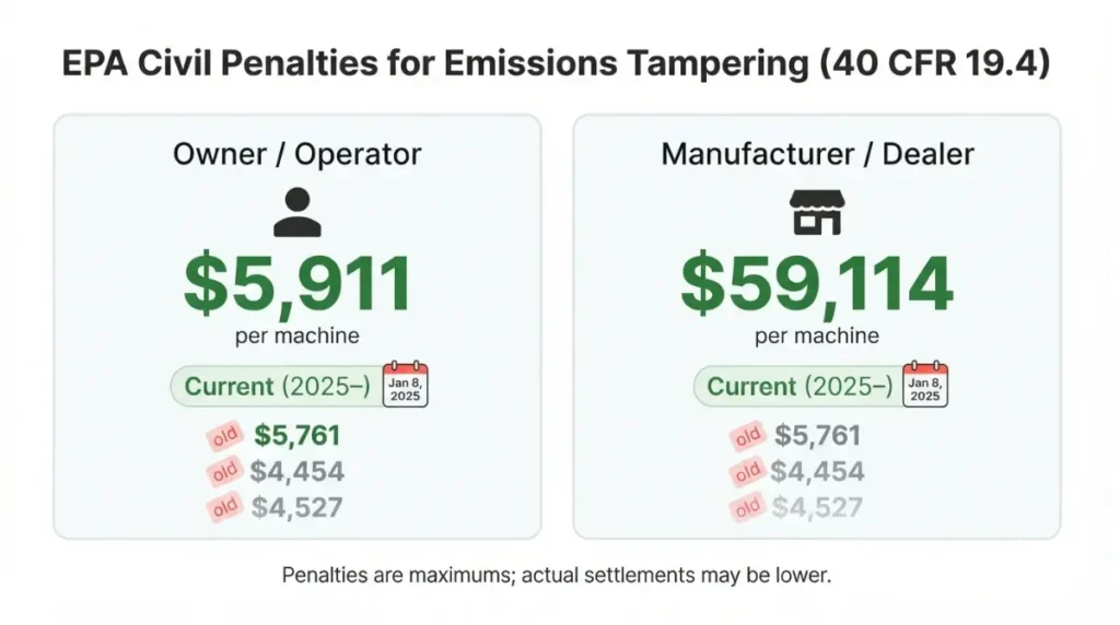 Bobcat DPF Delete – infographic of current EPA civil penalties showing $5,911 and $59,114 per machine fines